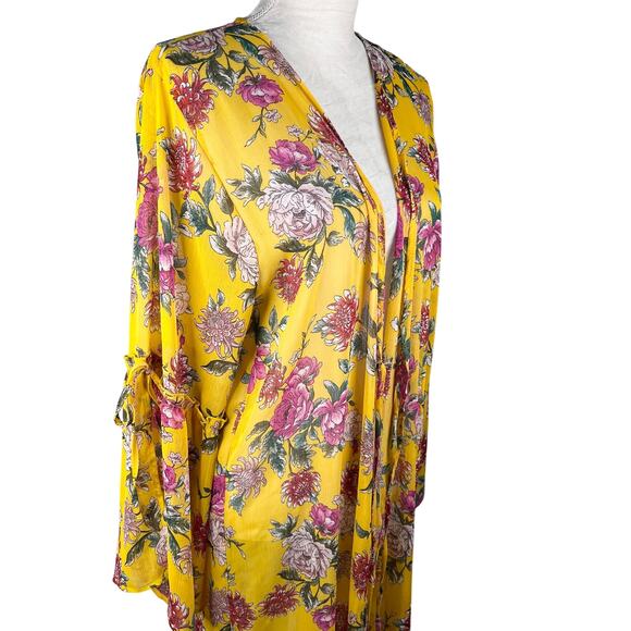 Band Of Gypsies Floral Kaftan Coverup Swim Kimono Yellow Pink Large Tie Closure - Picture 14 of 16